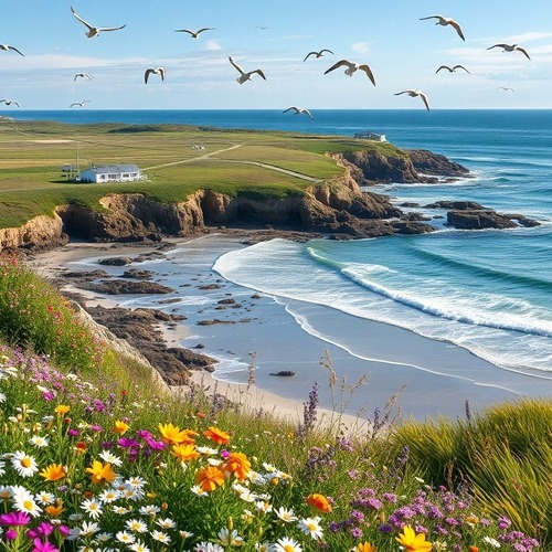 Coastal cliffs, wildflowers, and seabirds over Cape Cod shore