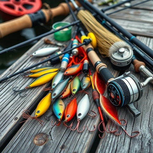 Fishing rods and colorful lures laid out on dock
