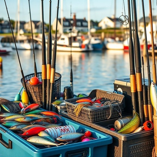 Striped bass fishing gear and lures on dockside boat