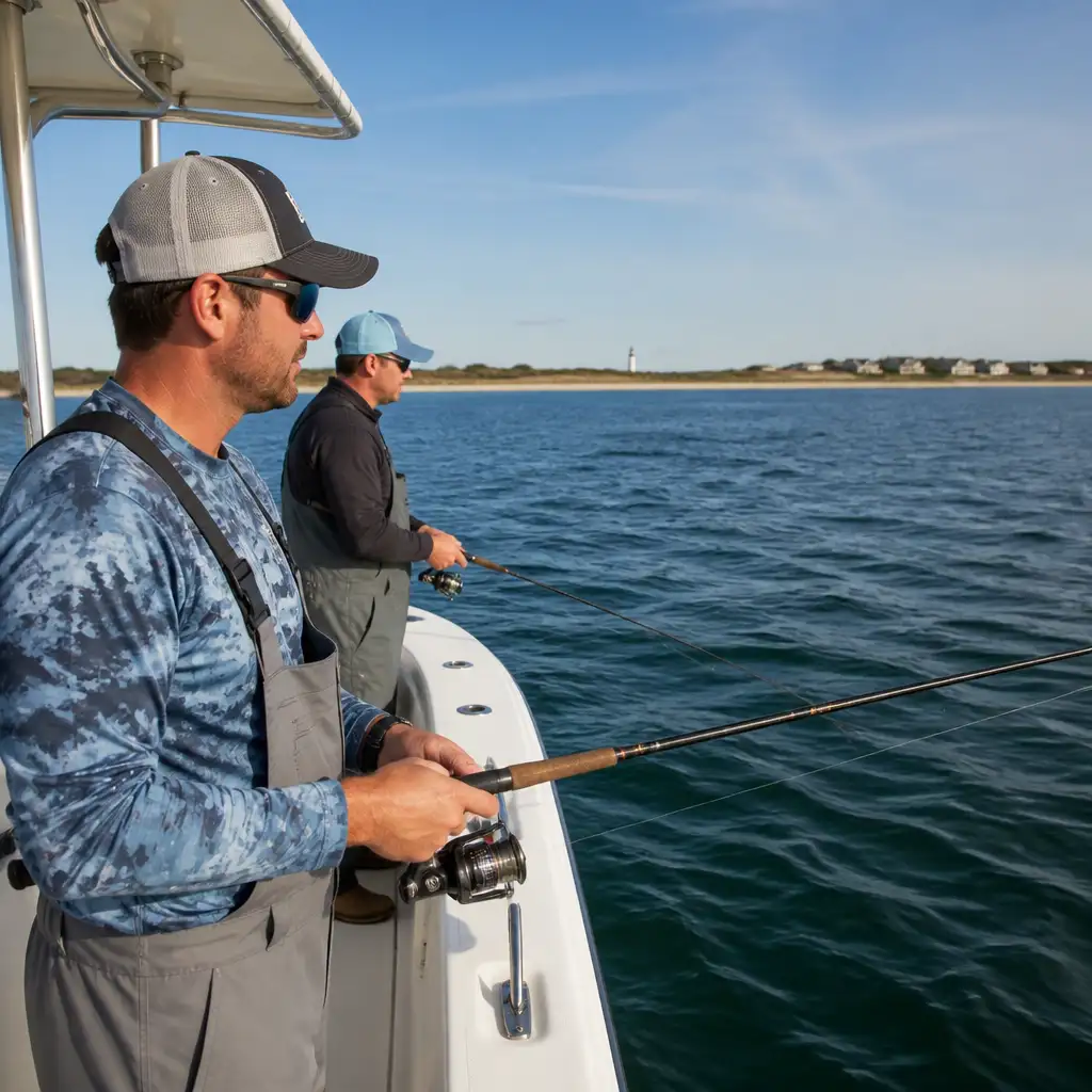 A man fishes for striped bass off Chatham
