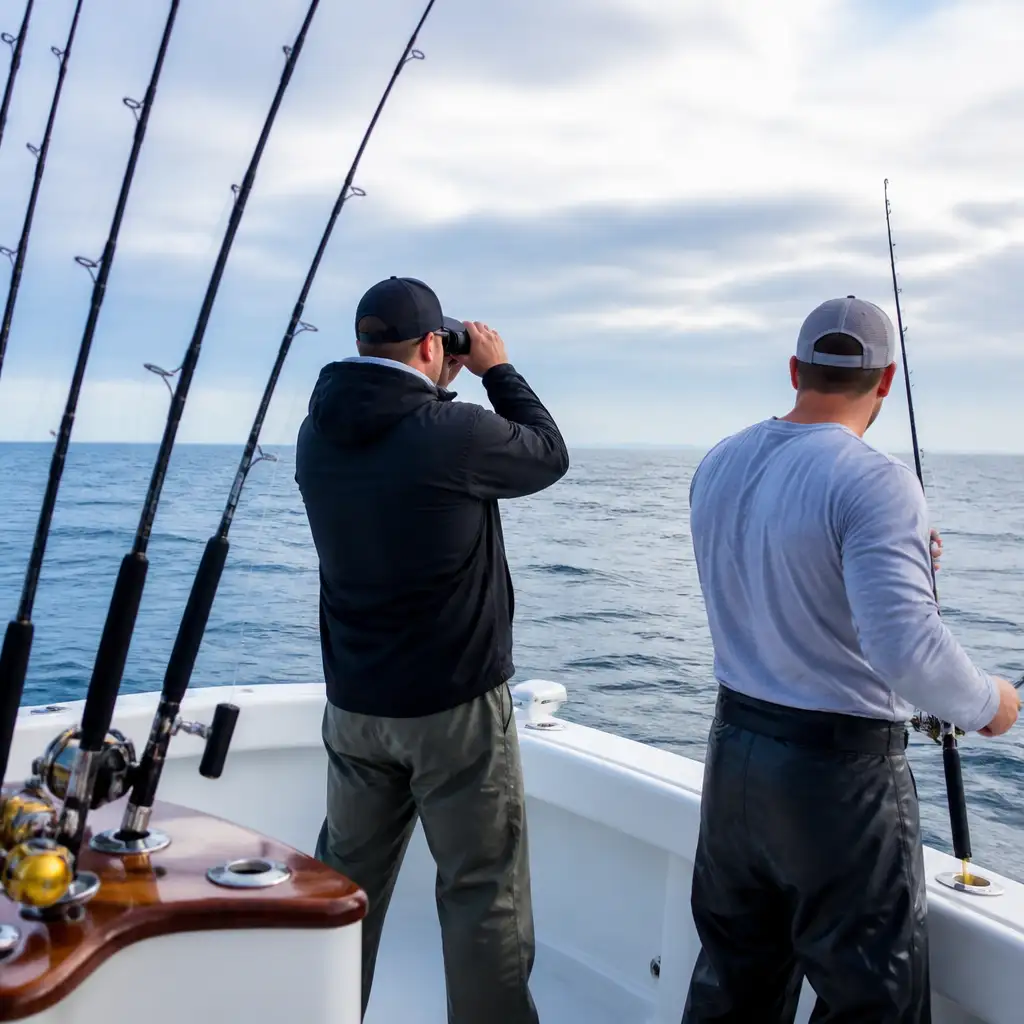 Two men on boat, one using binoculars, one holding rod