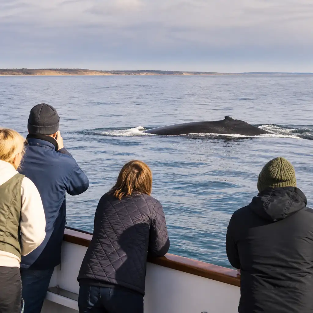 People on deck watching whale surfacing beside the boat