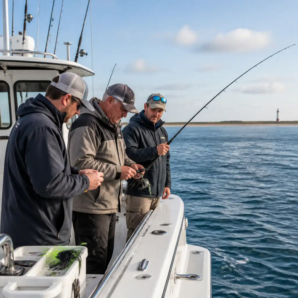 Three men on boat preparing fishing gear with distant lighthouse