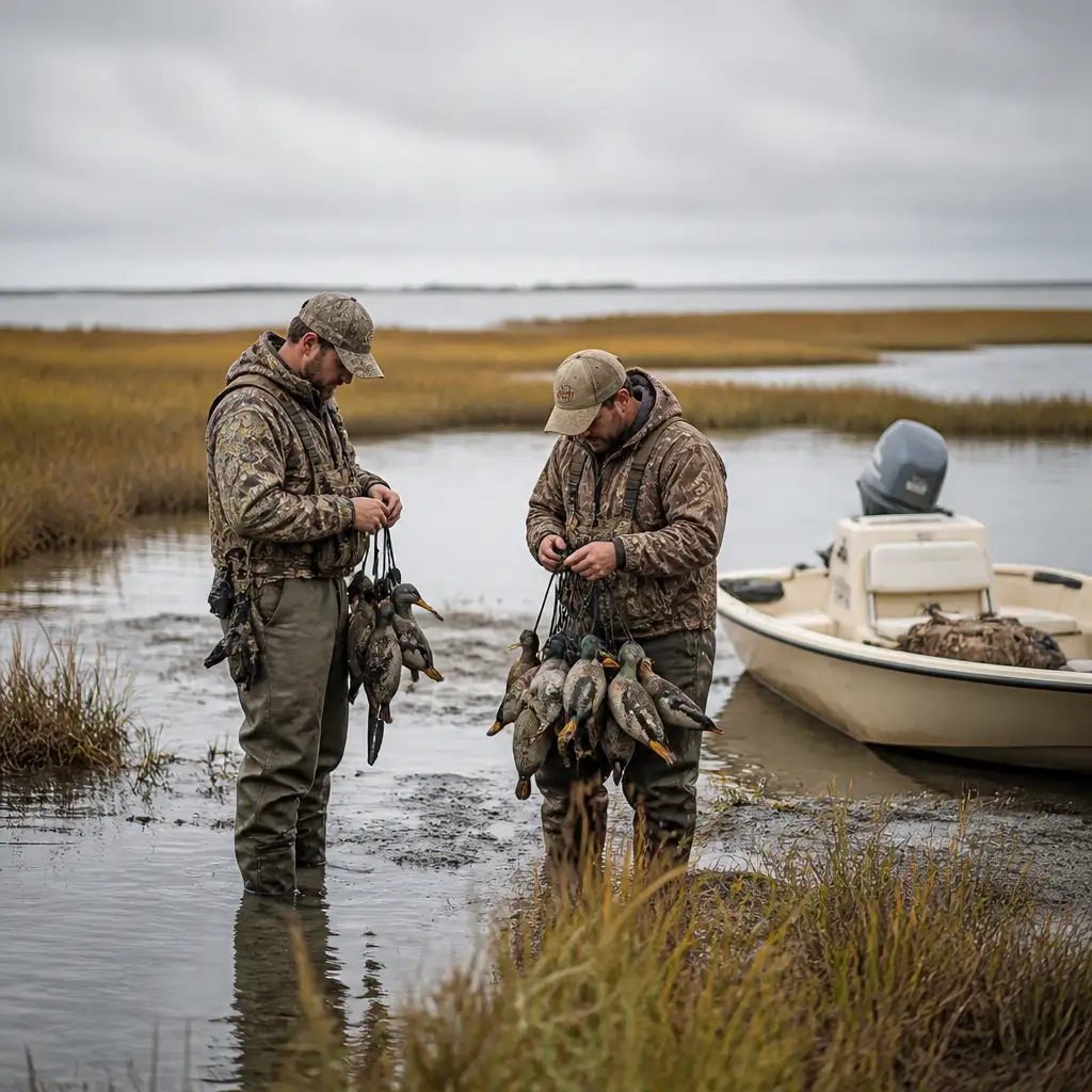 Two men in camouflage holding ducks in marsh beside skiff