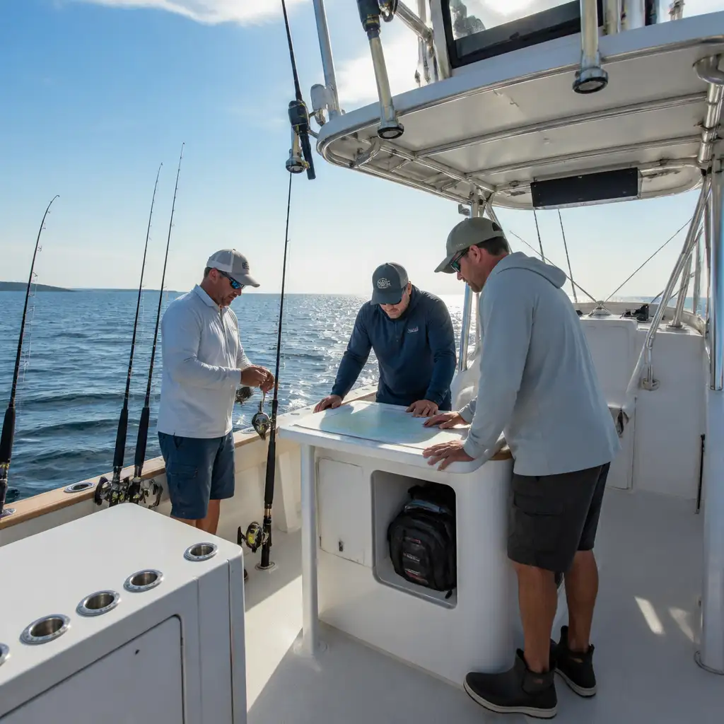 Three anglers on a boat examining a map at sea