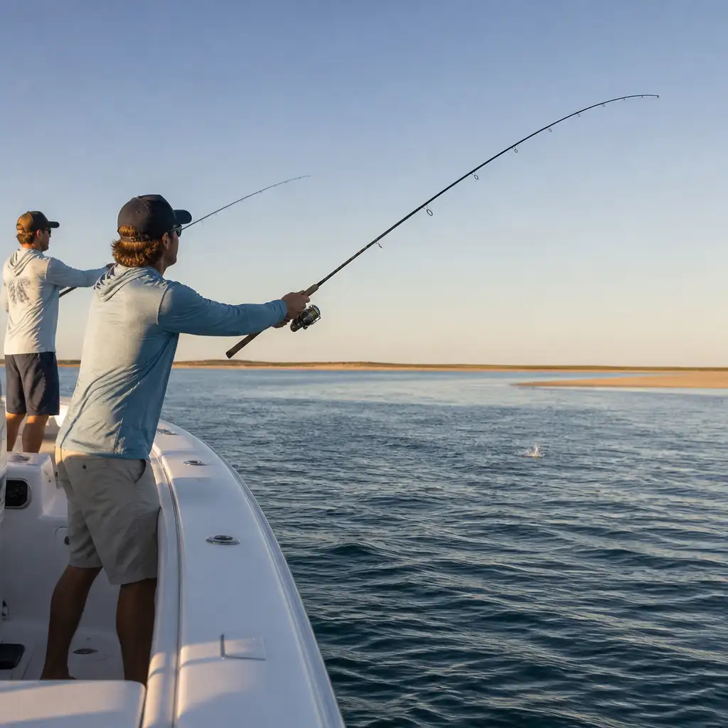 Two anglers casting from boat toward distant sandbars