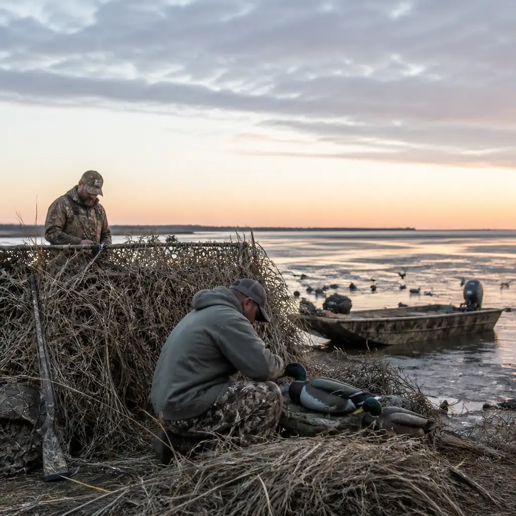 Two men in camouflage by marsh blind, decoys, small boat