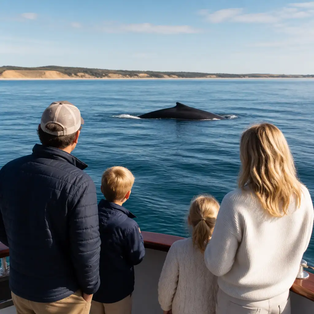 Two adults and two children on boat watching whale surfacing