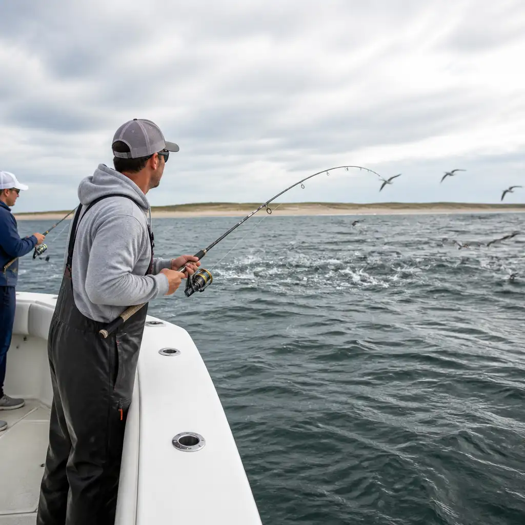 Anglers on boat casting rods toward choppy ocean and seabirds
