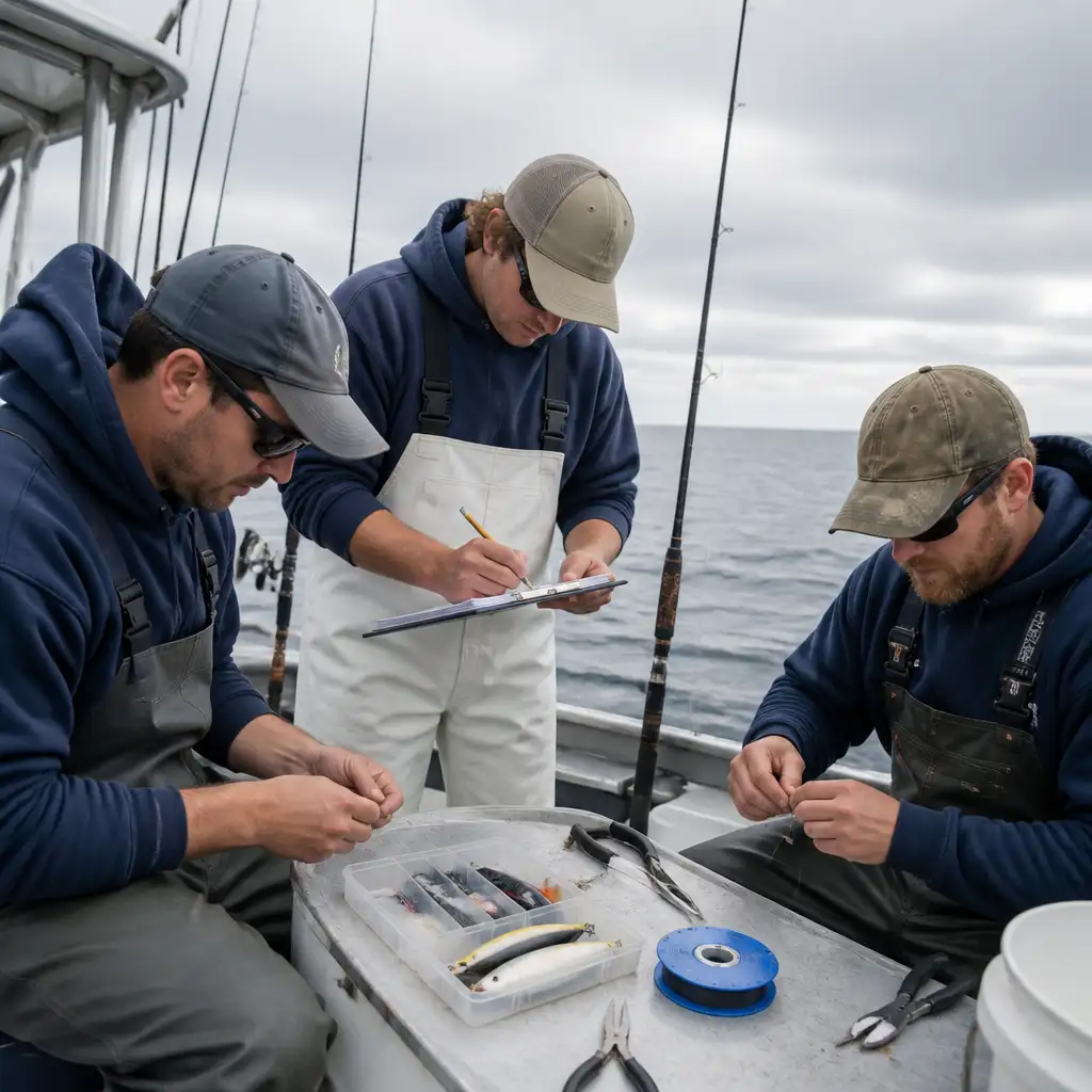 Three fishermen on boat prepping lures and clipboard