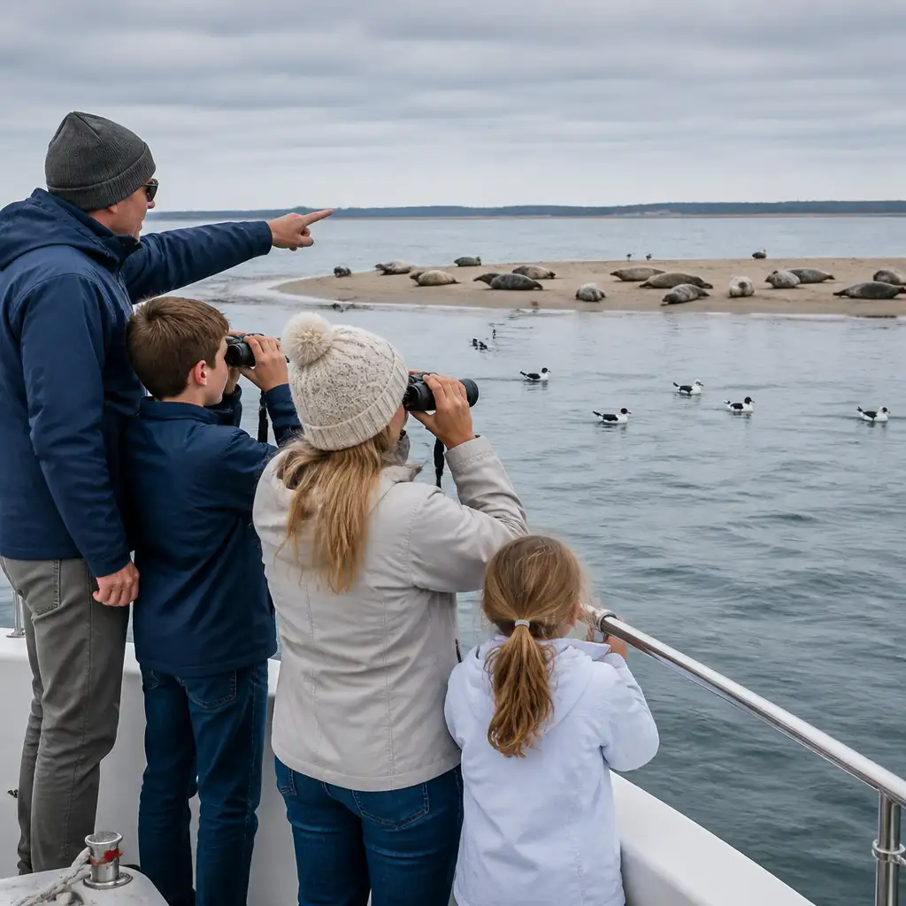 Family on boat using binoculars watching seals on sandbar