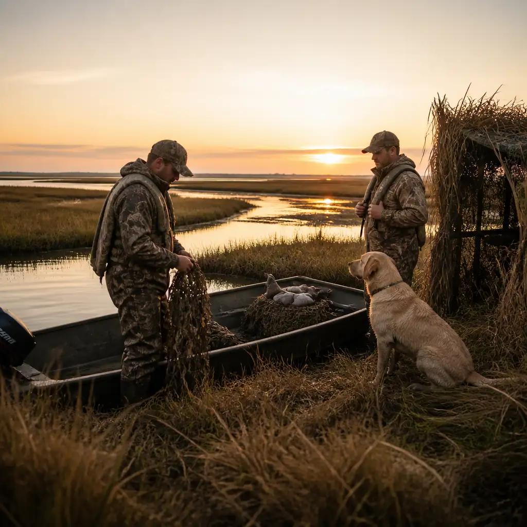 Two people in camo by skiff with retriever at sunrise