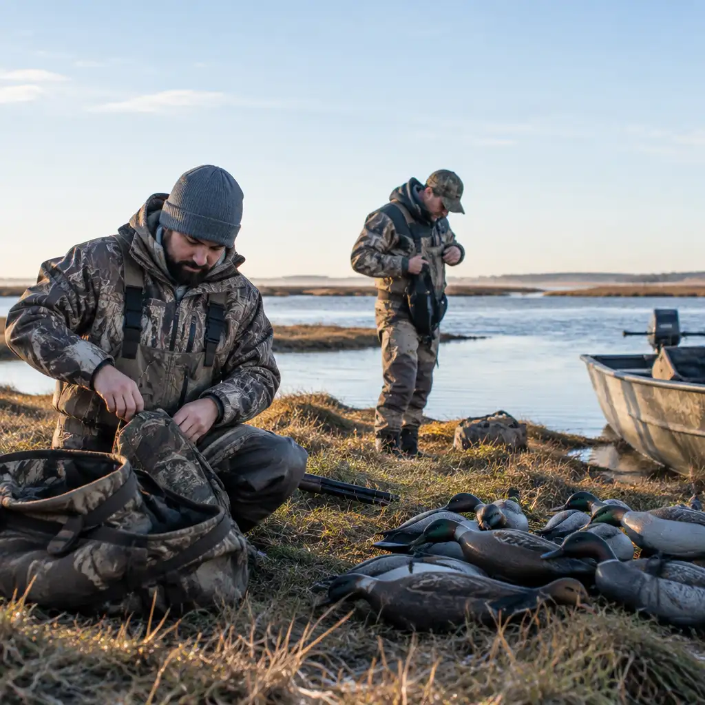 Two people in camouflage prepping gear near duck decoys