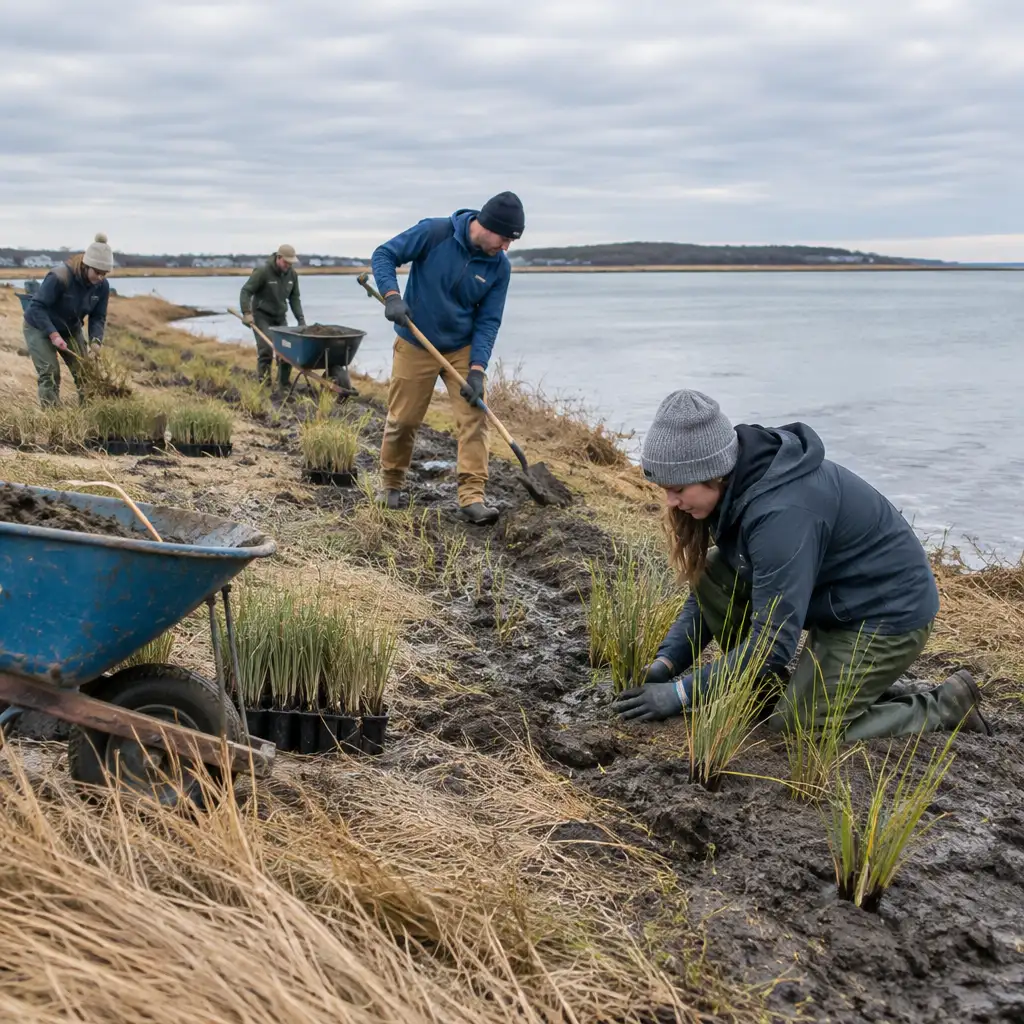 People planting marsh grass by water with shovels and wheelbarrows