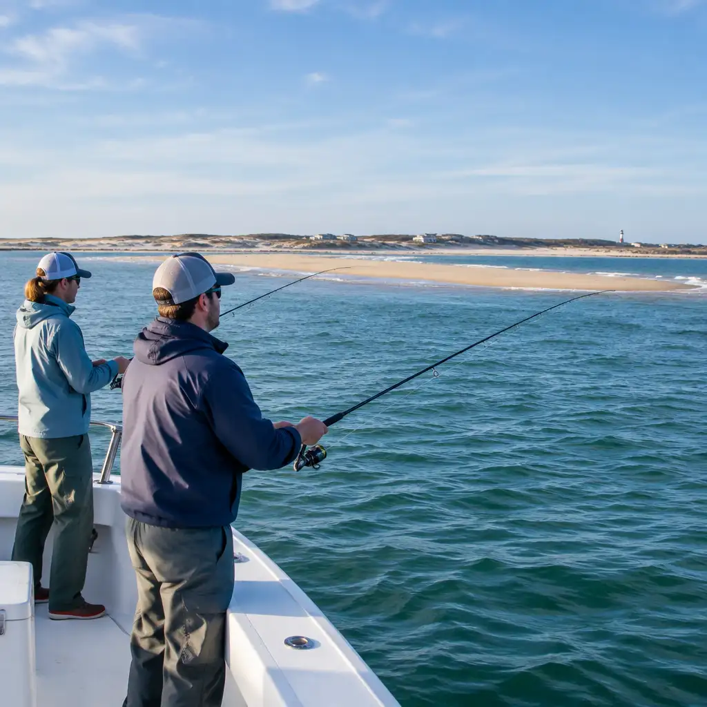 Two anglers fishing from boat near sandy shoreline and lighthouse