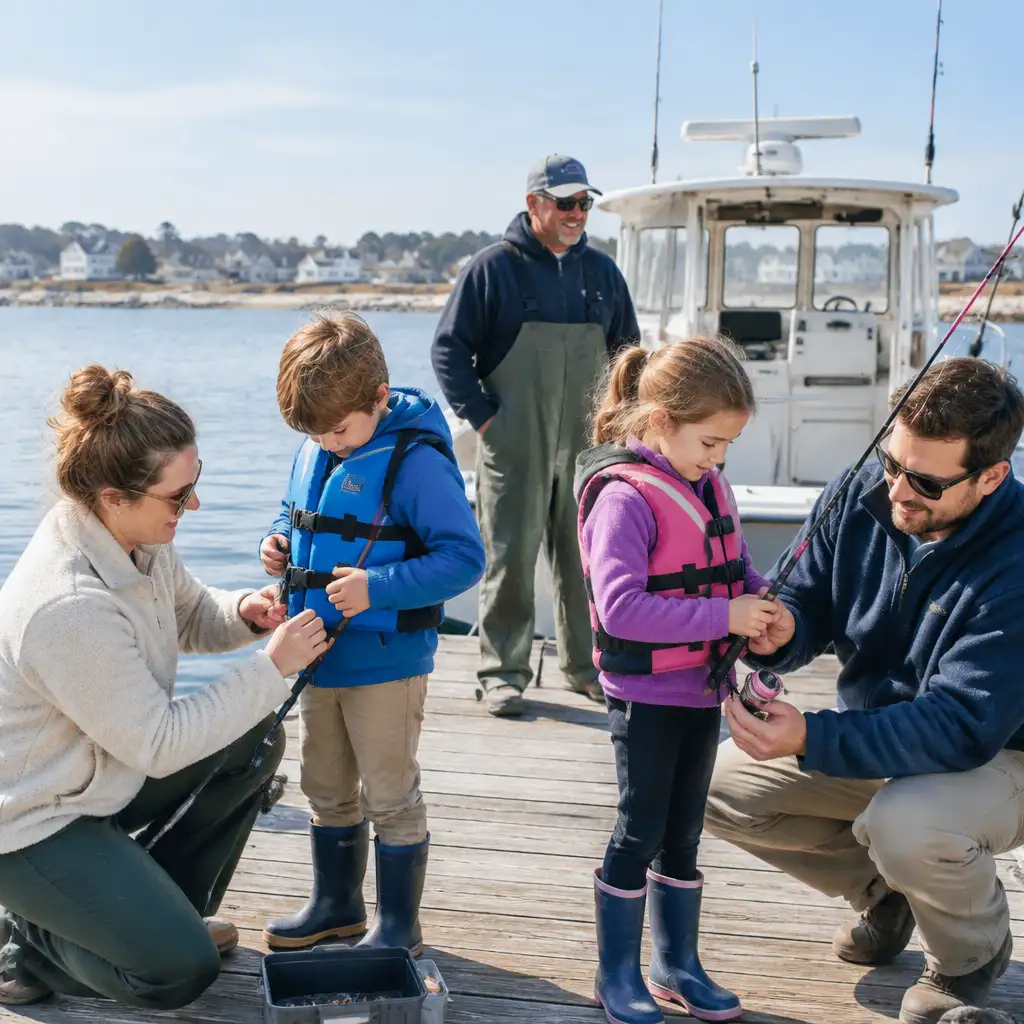 Parents and children preparing fishing rods and life jackets