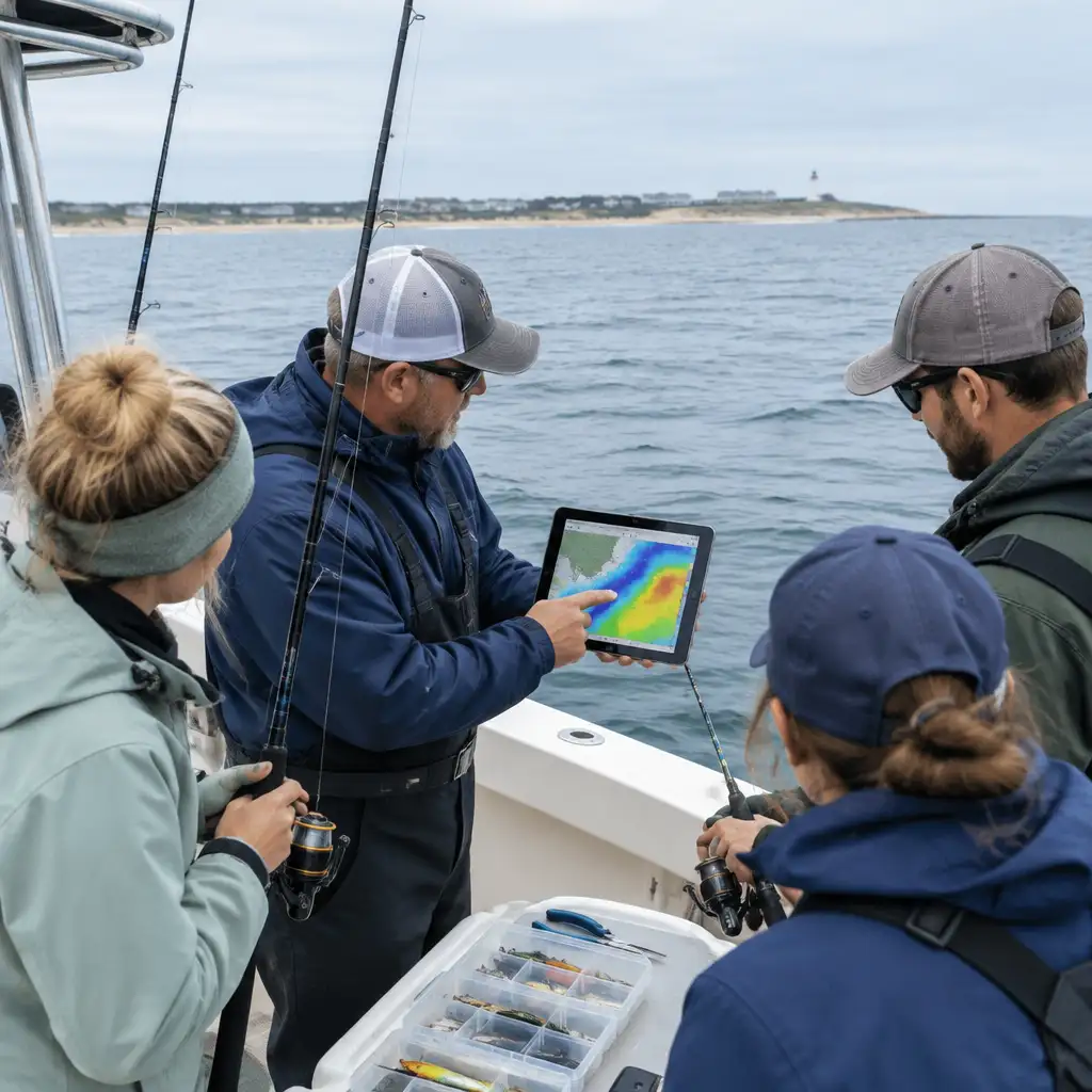 Person pointing at tablet map while others hold fishing rods