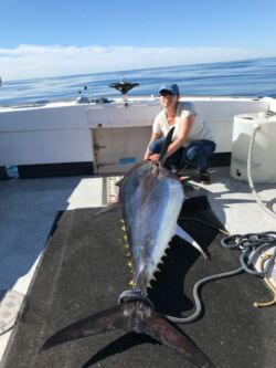 Woman with giant bluefin tuna on deck of charter boat