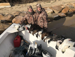 Two hunters with sea ducks
