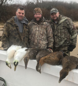 Three hunters with sea ducks